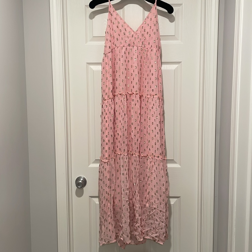 En Creme Rose Pink Gold Metallic Spaghetti Strap Tiered Maxi Dress S‎ - Picture 3 of 12